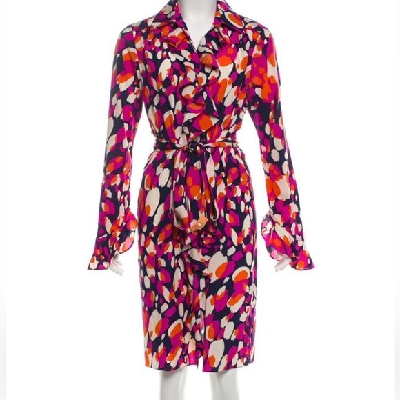 Diane Von Furstenburg DVF Manala pink print silk button up ruffle dress 4 - Picture 1 of 8